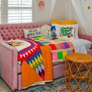 Hand Stitched Granny Square‎ Boho Star wool Crochet Blanket in Bright Colors